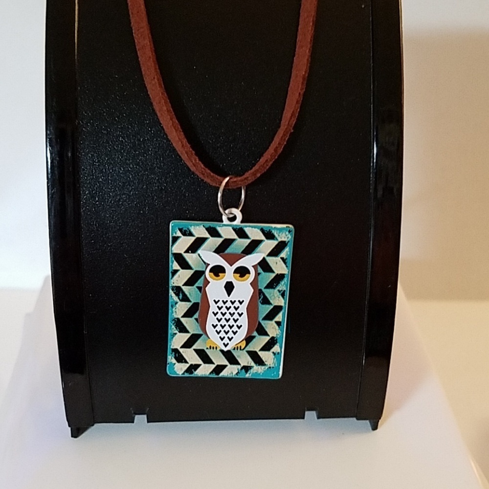 Vegan Suede Necklace 18" Brown Owl Teal